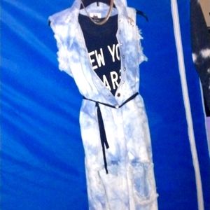 Denim one piece tie dyed , torn out knees  fringe look shoulders adorabke